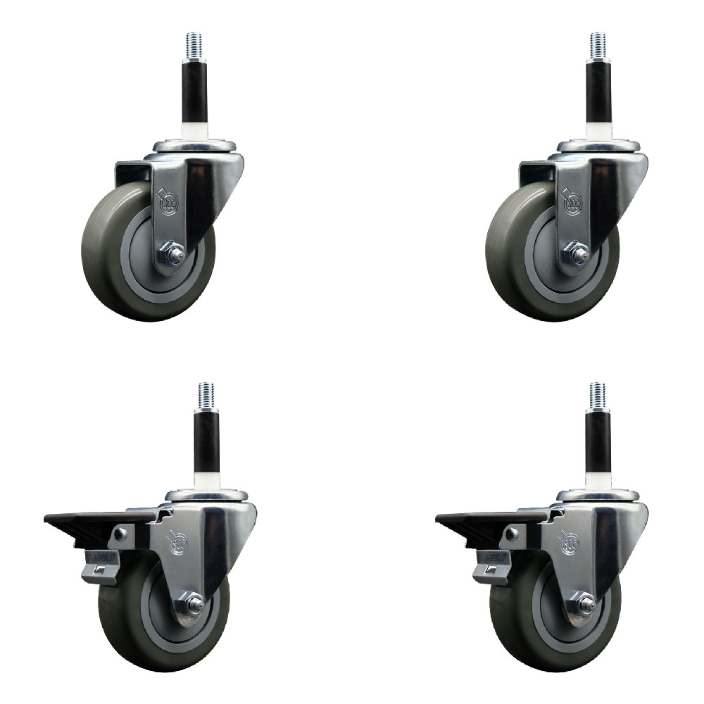 Polyurethane Swivel Expanding Stem Caster Set of 4 with 3.5 Inch Gray Wheels and 7/8" Stems - Includes 2 with Posi Locking Brakes - 1200 lbs Total Capacity - Service Caster Brand — photo 1