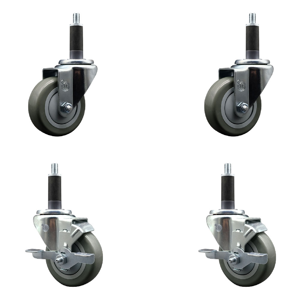 Polyurethane Swivel Expanding Stem Caster Set of 4 with 3.5 Inch Gray Wheels and 1" Stems - Includes 2 with Top Locking Brakes - 1200 lbs Total Capacity - Service Caster Brand — photo 1