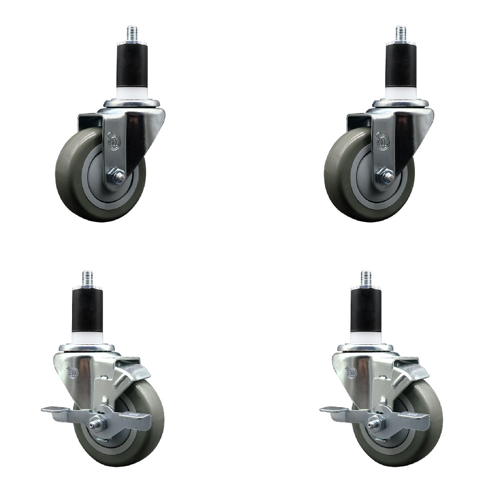 Stainless Steel Polyurethane Swivel Expanding Stem Caster Set of 4 with 3.5 Inch Gray Wheels and 1-1/2" Stems - Includes 2 with Top Locking Brakes - 1200 lbs Total Capacity - Service Caster Brand — photo 1