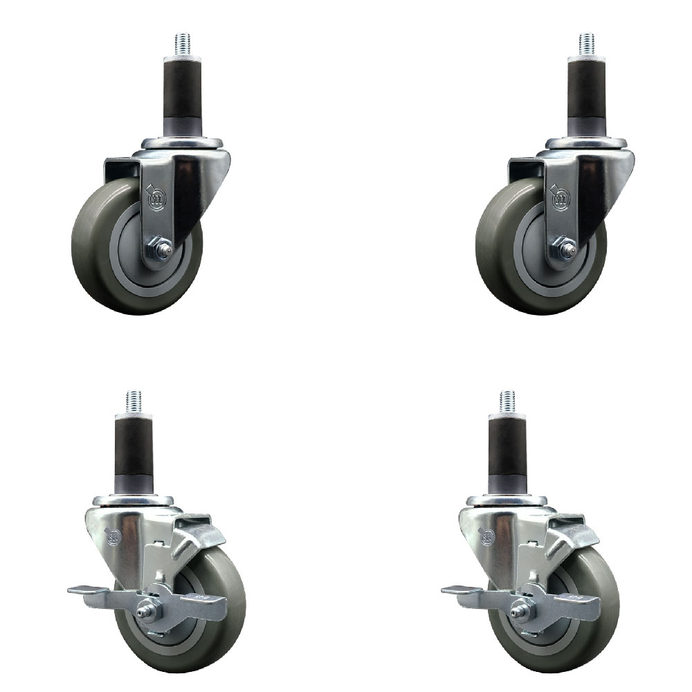 Stainless Steel Polyurethane Swivel Expanding Stem Caster Set of 4 with 3.5 Inch Gray Wheels and 1-1/4" Stems - Includes 2 with Top Locking Brakes - 1200 lbs Total Capacity - Service Caster Brand — photo 1