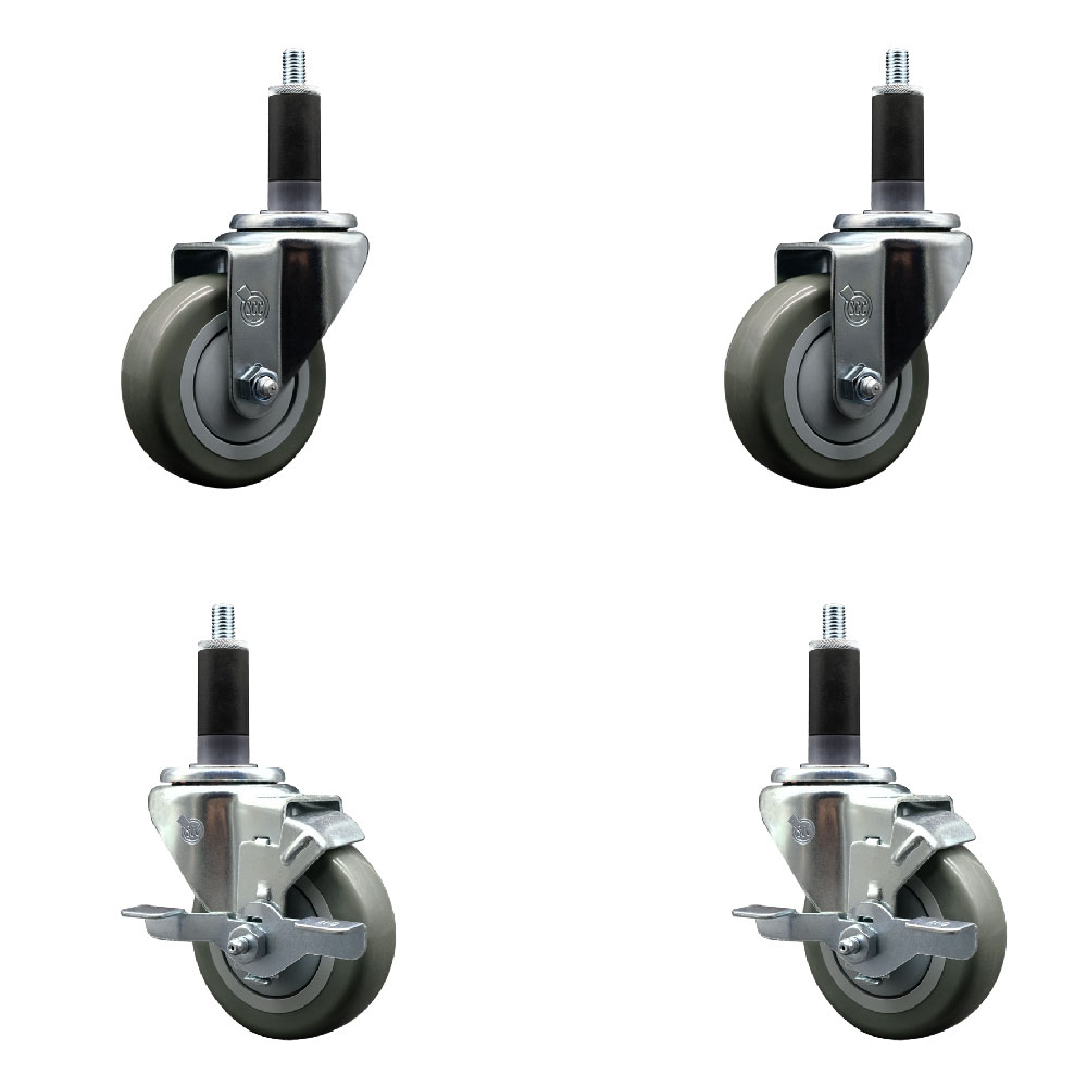 Stainless Steel Polyurethane Swivel Expanding Stem Caster Set of 4 with 3.5 Inch Gray Wheels and 1-1/8" Stems - Includes 2 with Top Locking Brakes - 1200 lbs Total Capacity - Service Caster Brand — photo 1