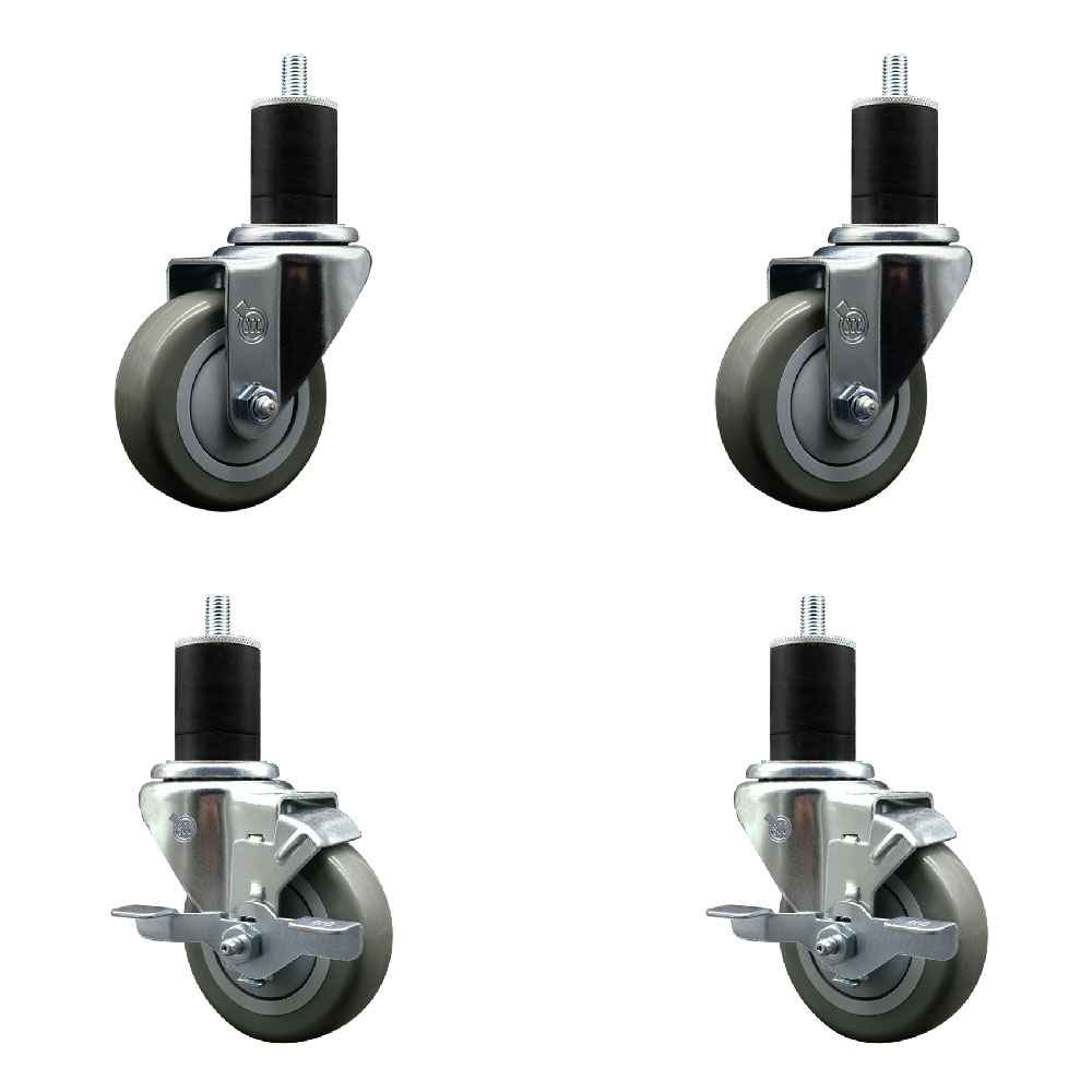 Polyurethane Swivel Expanding Stem Caster Set of 4 with 3.5 Inch Gray Wheels and 1-3/4" Stems - Includes 2 with Top Locking Brakes - 1200 lbs Total Capacity - Service Caster Brand — photo 1