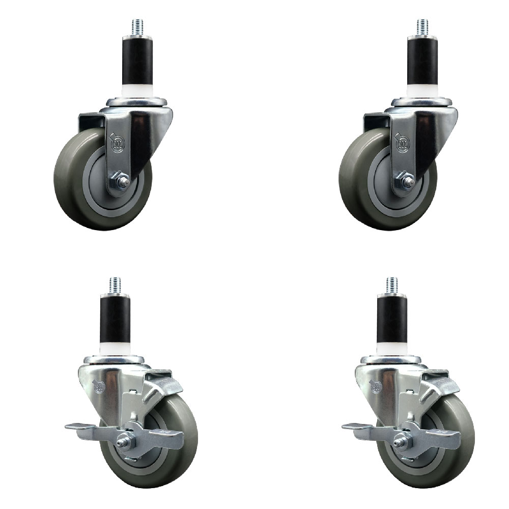 Stainless Steel Polyurethane Swivel Expanding Stem Caster Set of 4 with 3.5 Inch Gray Wheels and 1-3/8" Stems - Includes 2 with Top Locking Brakes - 1200 lbs Total Capacity - Service Caster Brand — photo 1