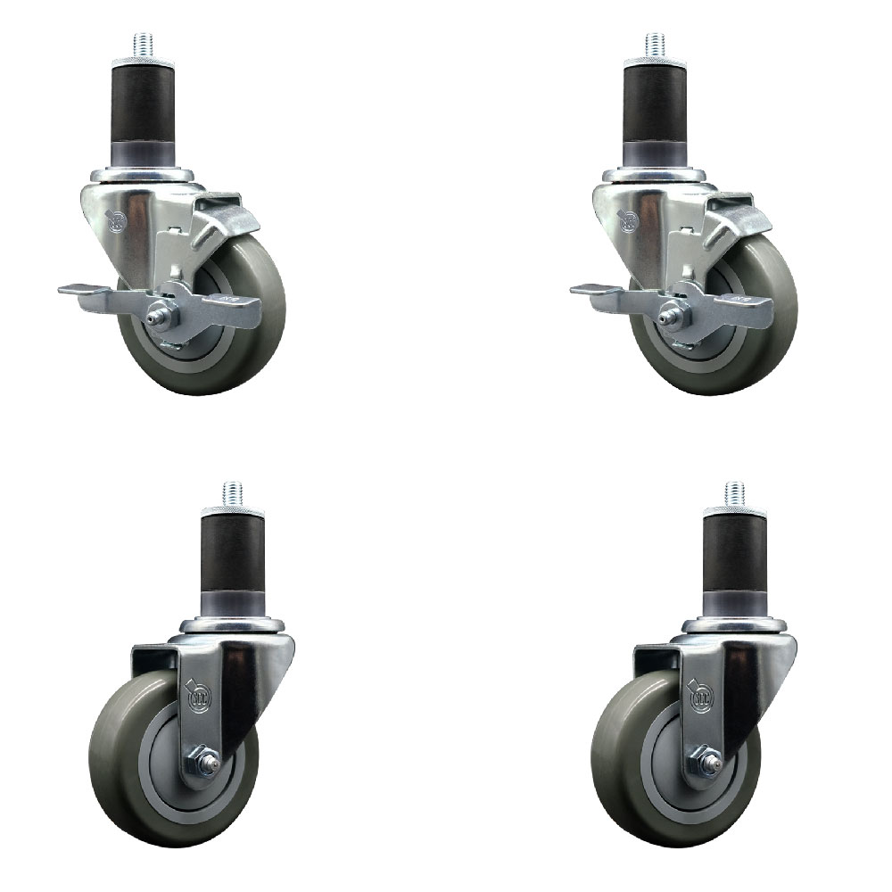 Stainless Steel Polyurethane Swivel Expanding Stem Caster Set of 4 with 3.5 Inch Gray Wheels and 1-5/8" Stems - Includes 2 with Top Locking Brakes - 1200 lbs Total Capacity - Service Caster Brand — photo 1