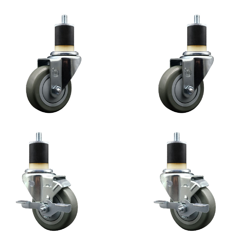 Stainless Steel Polyurethane Swivel Expanding Stem Caster Set of 4 with 3.5 Inch Gray Wheels and 1-7/8" Stems - Includes 2 with Top Locking Brakes - 1200 lbs Total Capacity - Service Caster Brand — photo 1