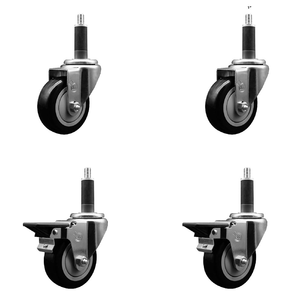 Polyurethane Swivel Expanding Stem Caster Set of 4 with 3.5 Inch Black Wheels and 1" Stems - Includes 2 with Posi Locking Brakes - 1200 lbs Total Capacity - Service Caster Brand — photo 1