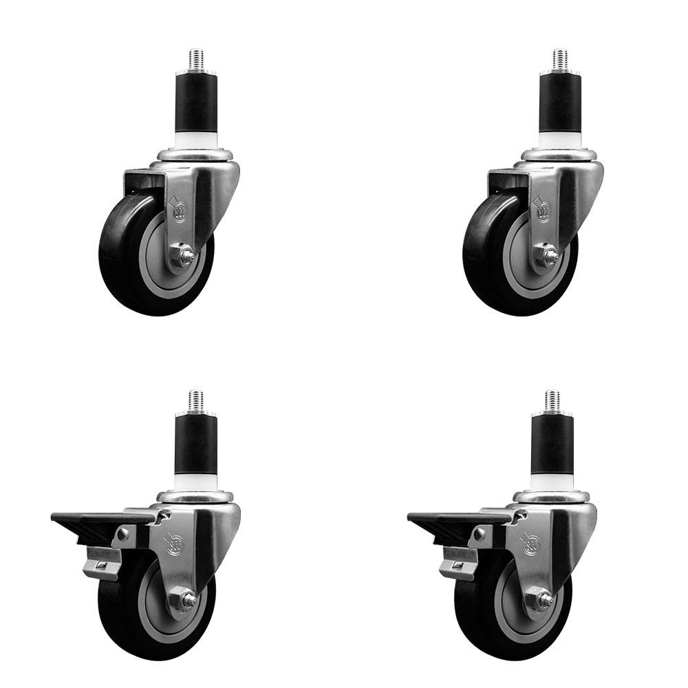 Polyurethane Swivel Expanding Stem Caster Set of 4 with 3.5 Inch Black Wheels and 1-1/2" Stems - Includes 2 with Posi Locking Brakes - 1200 lbs Total Capacity - Service Caster Brand — photo 1