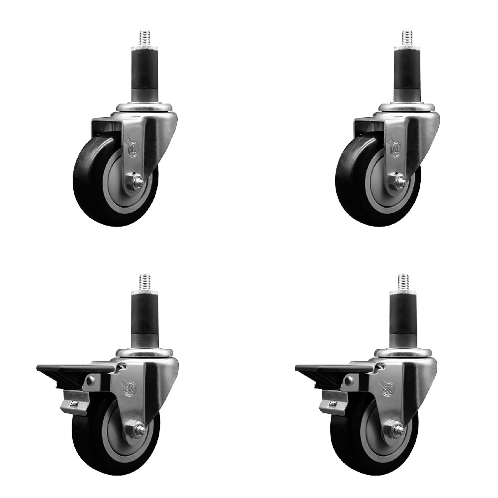 Polyurethane Swivel Expanding Stem Caster Set of 4 with 3.5 Inch Black Wheels and 1-1/4" Stems - Includes 2 with Posi Locking Brakes - 1200 lbs Total Capacity - Service Caster Brand — photo 1