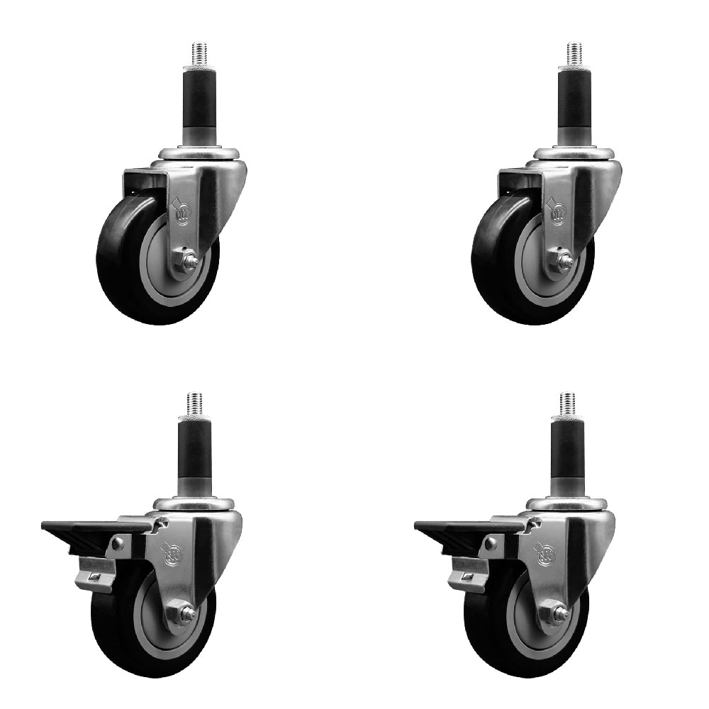 Polyurethane Swivel Expanding Stem Caster Set of 4 with 3.5 Inch Black Wheels and 1-1/8" Stems - Includes 2 with Posi Locking Brakes - 1200 lbs Total Capacity - Service Caster Brand — photo 1