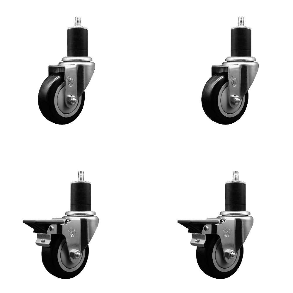 Polyurethane Swivel Expanding Stem Caster Set of 4 with 3.5 Inch Black Wheels and 1-3/4" Stems - Includes 2 with Posi Locking Brakes - 1200 lbs Total Capacity - Service Caster Brand — photo 1