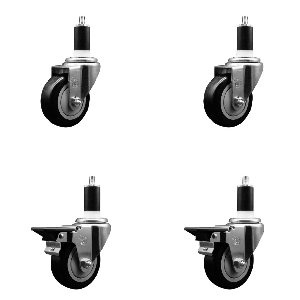 Polyurethane Swivel Expanding Stem Caster Set of 4 with 3.5 Inch Black Wheels and 1-3/8" Stems - Includes 2 with Posi Locking Brakes - 1200 lbs Total Capacity - Service Caster Brand — photo 1