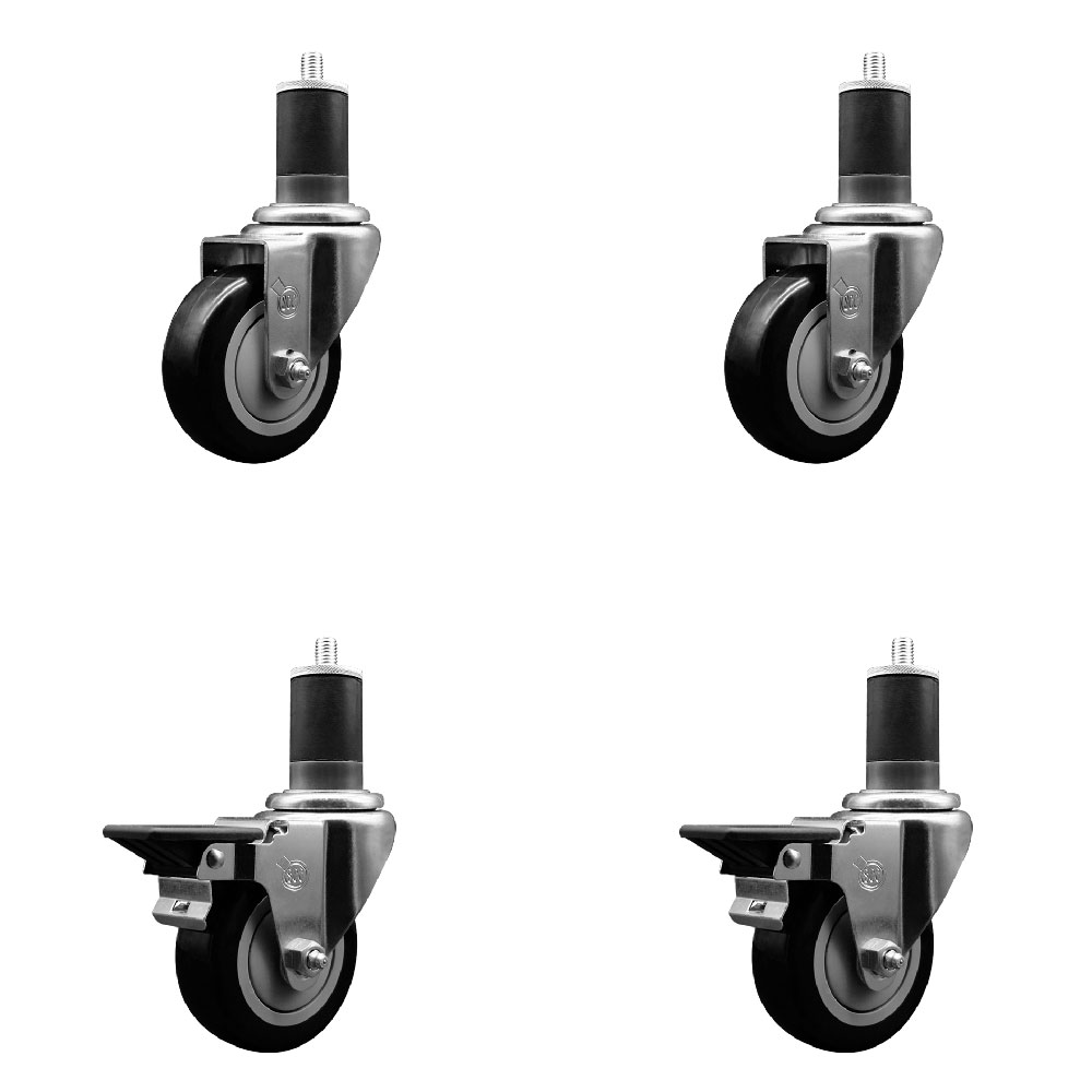 Polyurethane Swivel Expanding Stem Caster Set of 4 with 3.5 Inch Black Wheels and 1-5/8" Stems - Includes 2 with Posi Locking Brakes - 1200 lbs Total Capacity - Service Caster Brand — photo 1