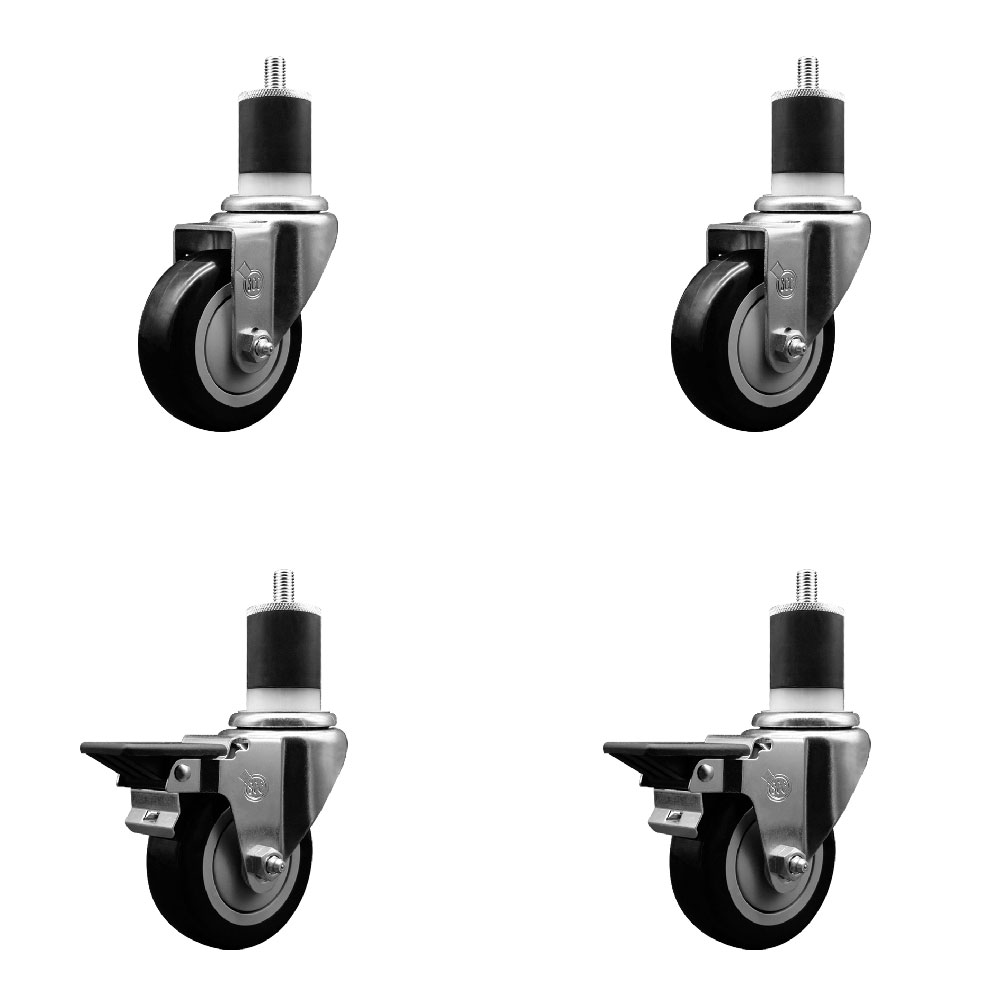 Polyurethane Swivel Expanding Stem Caster Set of 4 with 3.5 Inch Black Wheels and 1-7/8" Stems - Includes 2 with Posi Locking Brakes - 1200 lbs Total Capacity - Service Caster Brand — photo 1
