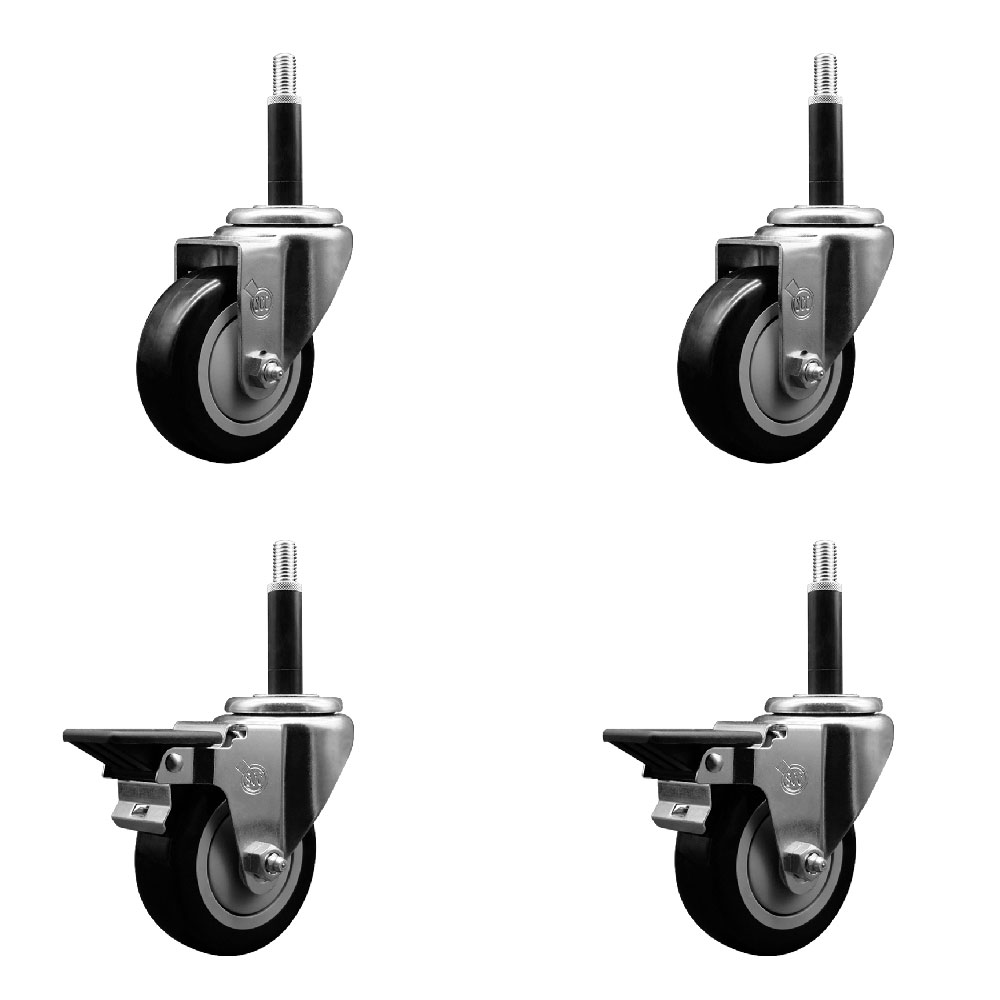 Polyurethane Swivel Expanding Stem Caster Set of 4 with 3.5 Inch Black Wheels and 3/4" Stems - Includes 2 with Posi Locking Brakes - 1200 lbs Total Capacity - Service Caster Brand — photo 1
