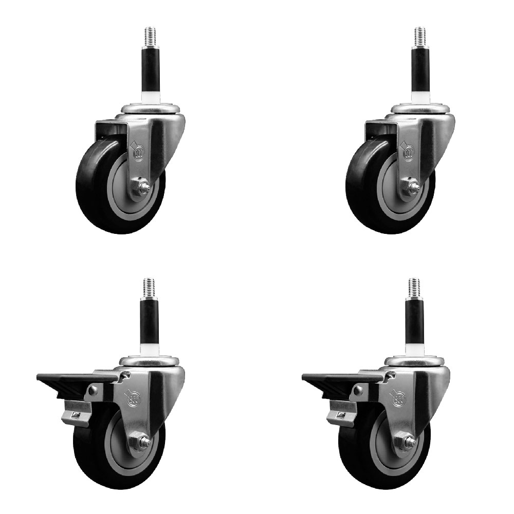 Polyurethane Swivel Expanding Stem Caster Set of 4 with 3.5 Inch Black Wheels and 7/8" Stems - Includes 2 with Posi Locking Brakes - 1200 lbs Total Capacity - Service Caster Brand — photo 1