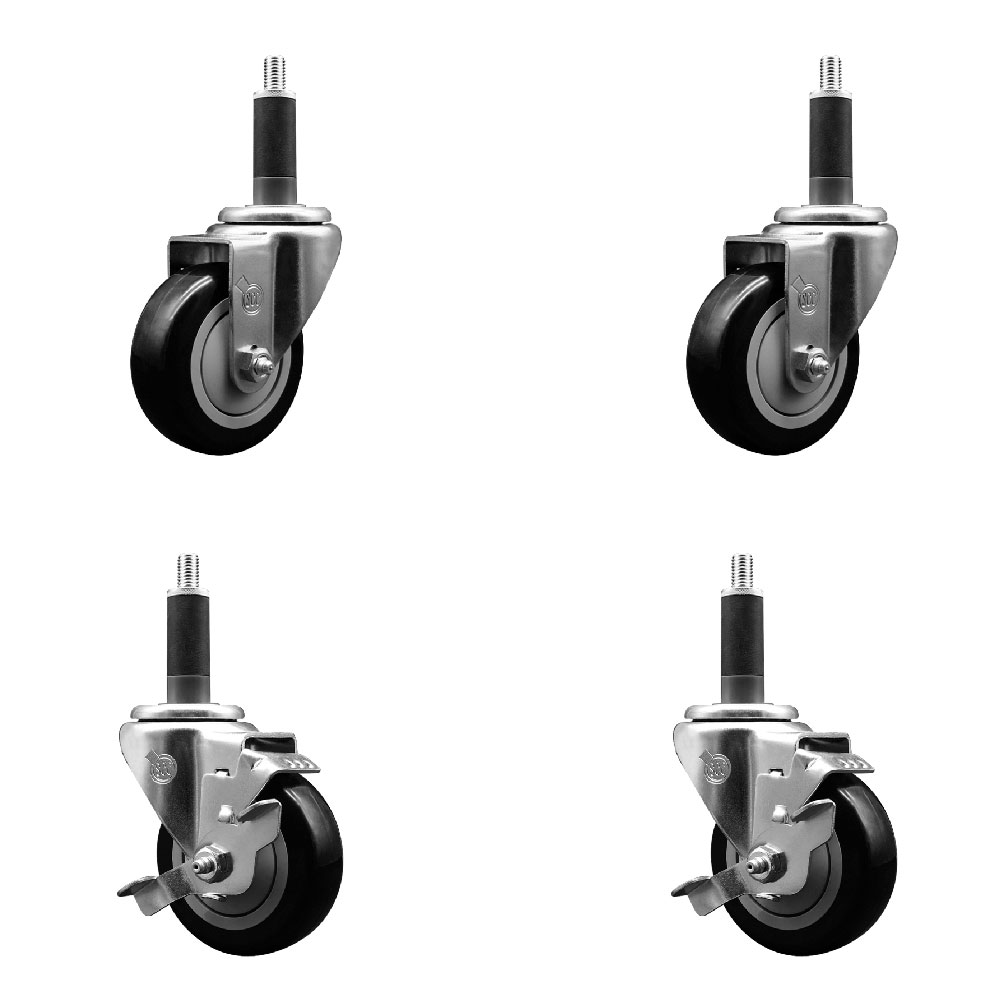 Stainless Steel Polyurethane Swivel Expanding Stem Caster Set of 4 with 3.5 Inch Black Wheels and 1" Stems - Includes 2 with Top Locking Brakes - 1200 lbs Total Capacity - Service Caster Brand — photo 1