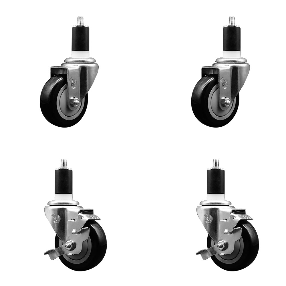 Stainless Steel Polyurethane Swivel Expanding Stem Caster Set of 4 with 3.5 Inch Black Wheels and 1-1/2" Stems - Includes 2 with Top Locking Brakes - 1200 lbs Total Capacity - Service Caster Brand — photo 1