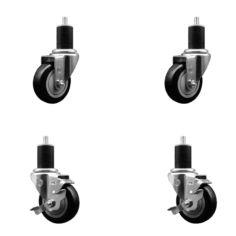 Polyurethane Swivel Expanding Stem Caster Set of 4 with 3.5 Inch Black Wheels and 1-3/4" Stems - Includes 2 with Top Locking Brakes - 1200 lbs Total Capacity - Service Caster Brand — photo 1