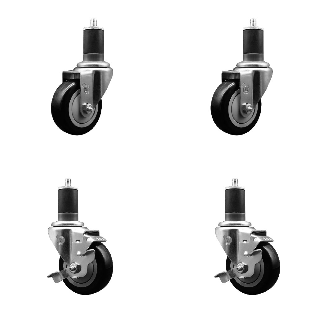 Stainless Steel Polyurethane Swivel Expanding Stem Caster Set of 4 with 3.5 Inch Black Wheels and 1-5/8" Stems - Includes 2 with Top Locking Brakes - 1200 lbs Total Capacity - Service Caster Brand — photo 1