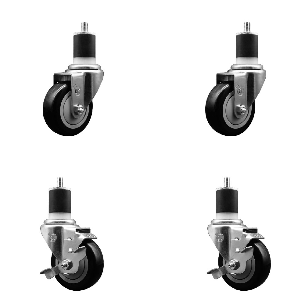 Stainless Steel Polyurethane Swivel Expanding Stem Caster Set of 4 with 3.5 Inch Black Wheels and 1-7/8" Stems - Includes 2 with Top Locking Brakes - 1200 lbs Total Capacity - Service Caster Brand — photo 1