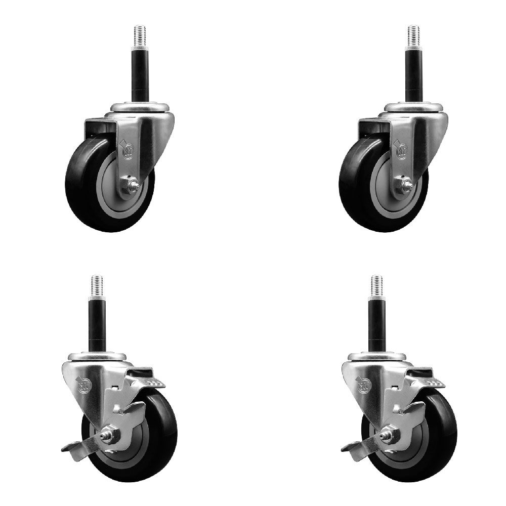 Stainless Steel Polyurethane Swivel Expanding Stem Caster Set of 4 with 3.5 Inch Black Wheels and 3/4" Stems - Includes 2 with Top Locking Brakes - 1200 lbs Total Capacity - Service Caster Brand — photo 1
