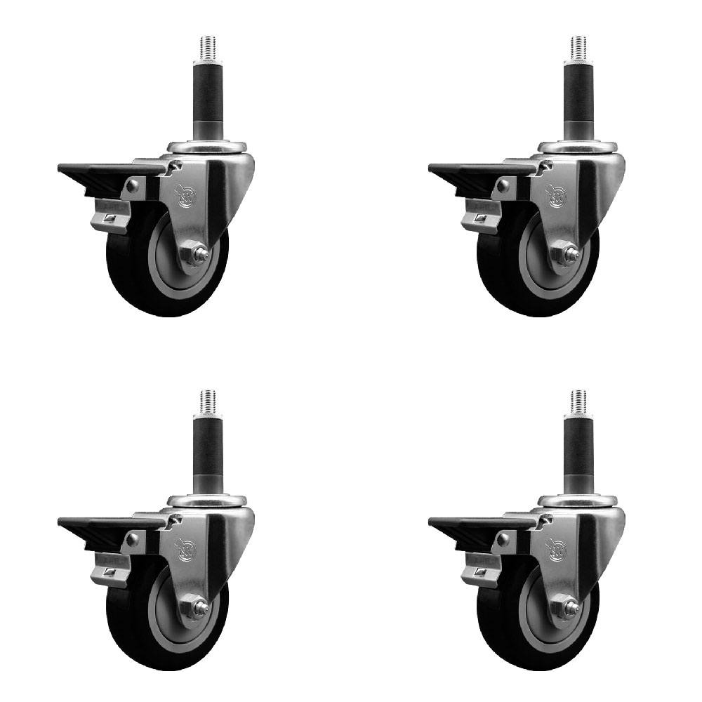 Polyurethane Swivel Expanding Stem Caster Set of 4 with 3.5 Inch Black Wheels and 1" Stems - Includes 4 Swivel with Posi Locking Brakes - 300 lbs. Capacity Per Caster - Service Caster Brand — photo 1