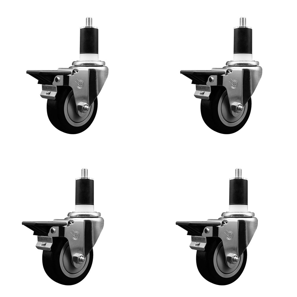 Polyurethane Swivel Expanding Stem Caster Set of 4 with 3.5 Inch Black Wheels and 1-1/2" Stems - Includes 4 Swivel with Posi Locking Brakes - 300 lbs. Capacity Per Caster - Service Caster Brand — photo 1