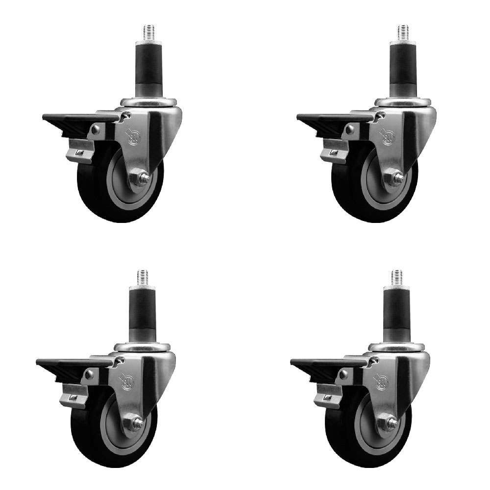 Polyurethane Swivel Expanding Stem Caster Set of 4 with 3.5 Inch Black Wheels and 1-1/4" Stems - Includes 4 Swivel with Posi Locking Brakes - 300 lbs. Capacity Per Caster - Service Caster Brand — photo 1