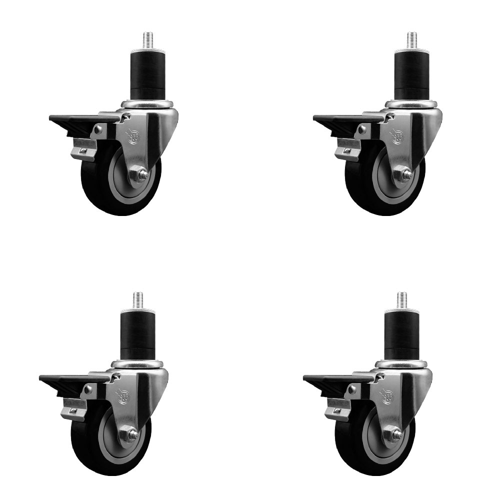 Polyurethane Swivel Expanding Stem Caster Set of 4 with 3.5 Inch Black Wheels and 1-3/4" Stems - Includes 4 Swivel with Posi Locking Brakes - 300 lbs. Capacity Per Caster - Service Caster Brand — photo 1