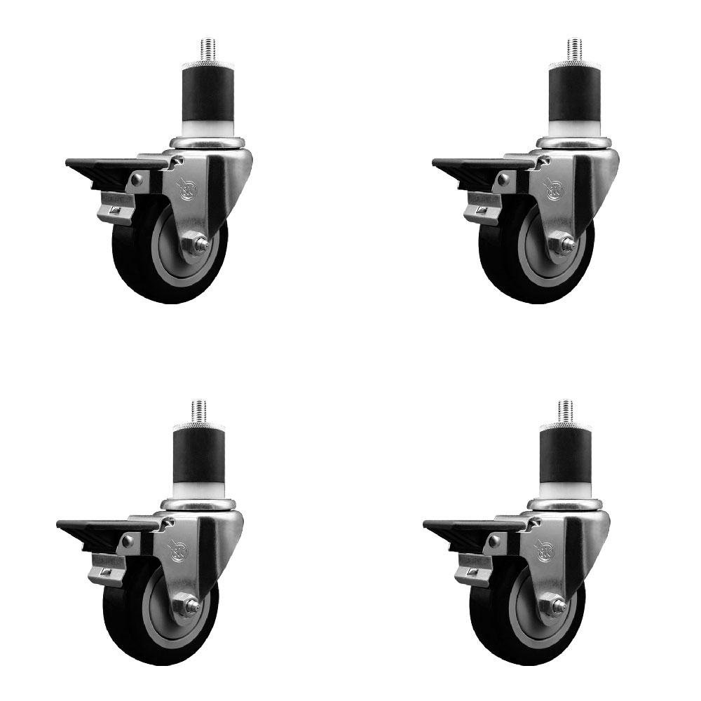Polyurethane Swivel Expanding Stem Caster Set of 4 with 3.5 Inch Black Wheels and 1-7/8" Stems - Includes 4 Swivel with Posi Locking Brakes - 300 lbs. Capacity Per Caster - Service Caster Brand — photo 1