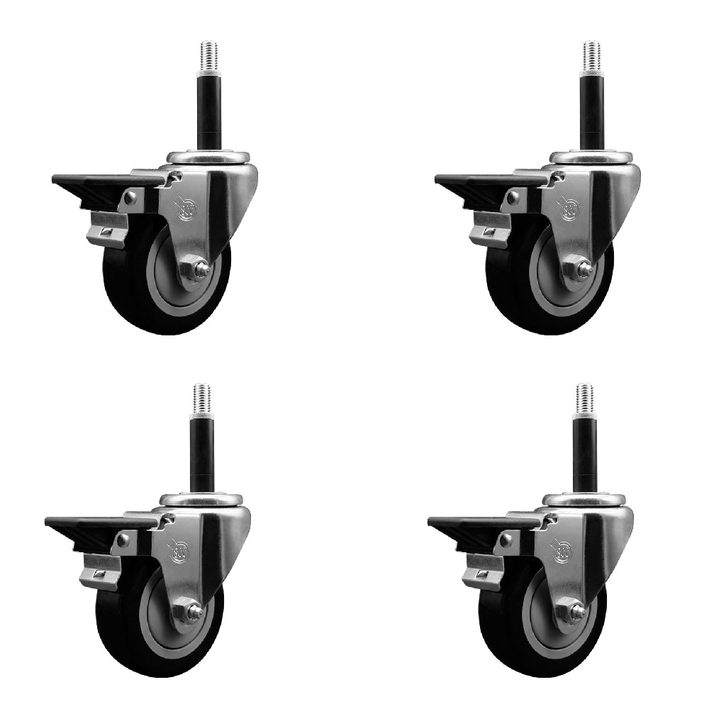 Polyurethane Swivel Expanding Stem Caster Set of 4 with 3.5 Inch Black Wheels and 3/4" Stems - Includes 4 Swivel with Posi Locking Brakes - 300 lbs. Capacity Per Caster - Service Caster Brand — photo 1