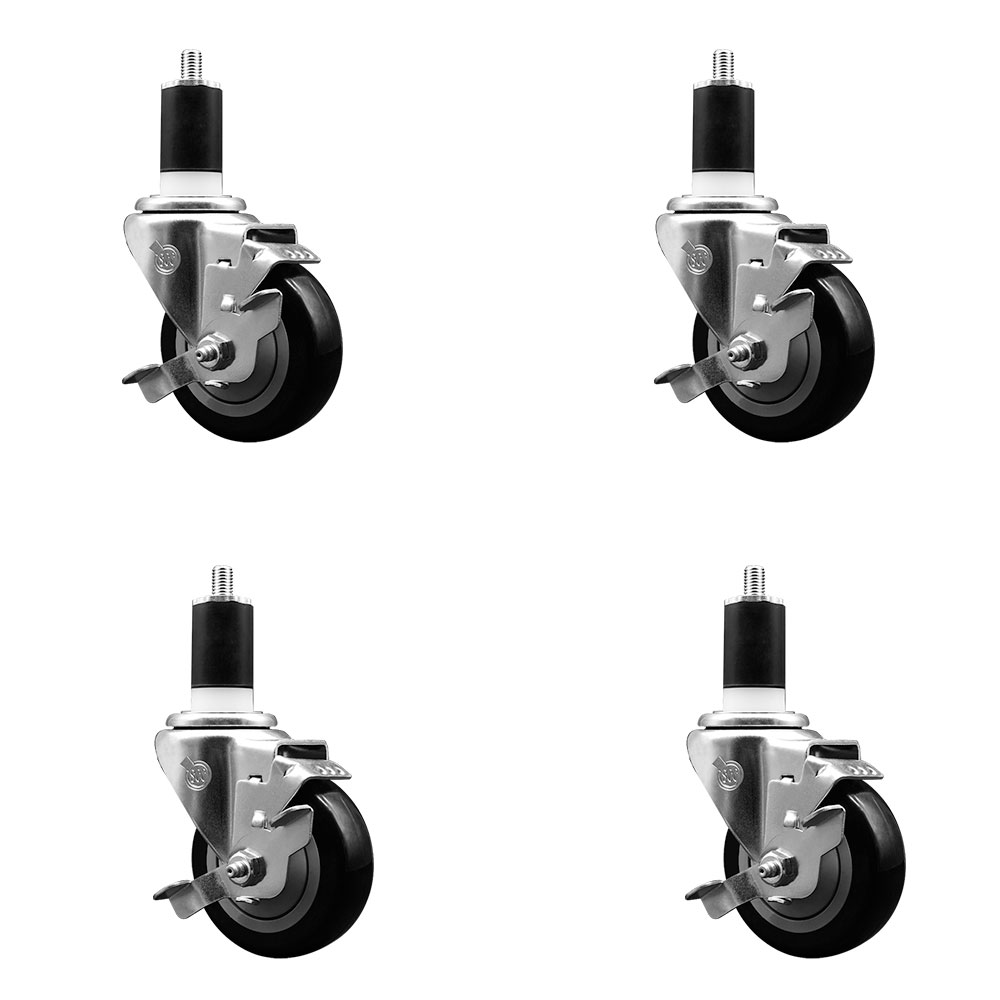 Stainless Steel Polyurethane Swivel Expanding Stem Caster Set of 4 with 3.5 Inch Black Wheels and 1-1/2" Stems - 4 Swivel with Top Locking Brakes - 300 lbs. Capacity Per Caster - Service Caster Brand — photo 1