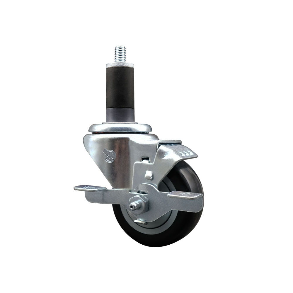 Stainless Steel Polyurethane Expanding Stem Swivel Caster with 3.5 Inch Black Wheel and 1-1/4" Stem & Top Locking Brake - 300 lbs. Capacity Per Caster - Service Caster Brand — photo 1