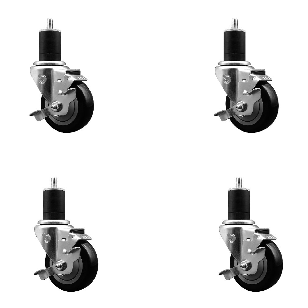 Polyurethane Swivel Expanding Stem Caster Set of 4 with 3.5 Inch Black Wheels and 1-3/4" Stems - Includes 4 Swivel with Top Locking Brakes - 300 lbs. Capacity Per Caster - Service Caster Brand — photo 1