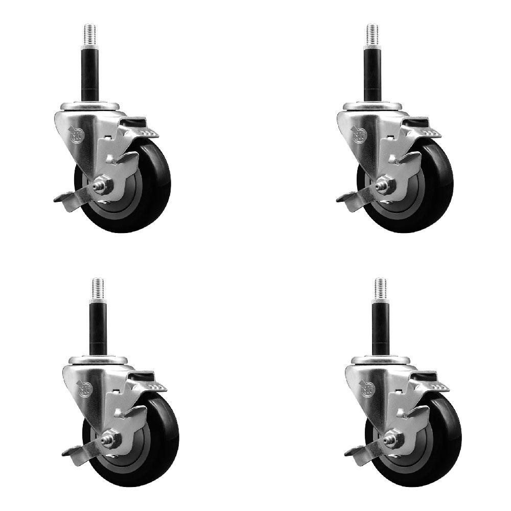 Stainless Steel Polyurethane Swivel Expanding Stem Caster Set of 4 with 3.5 Inch Black Wheels and 3/4" Stems - 4 Swivel with Top Locking Brakes - 300 lbs. Capacity Per Caster - Service Caster Brand — photo 1
