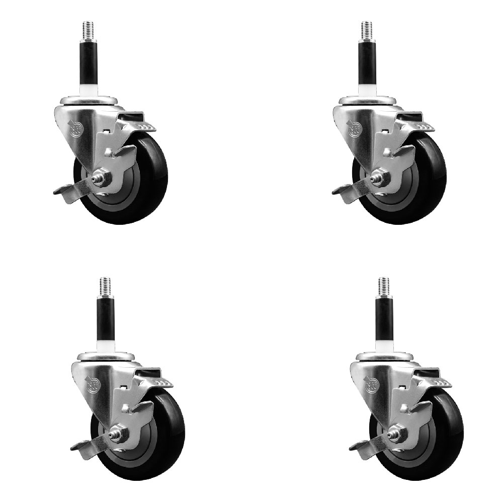 Stainless Steel Polyurethane Swivel Expanding Stem Caster Set of 4 with 3.5 Inch Black Wheels and 7/8" Stems - 4 Swivel with Top Locking Brakes - 300 lbs. Capacity Per Caster - Service Caster Brand — photo 1