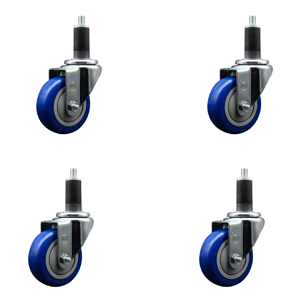 Stainless Steel Polyurethane Swivel Expanding Stem Caster Set of 4 with 3.5 Inch Blue Wheels and 1-1/4" Stems - Includes 4 Swivel - 300 lbs. Capacity Per Caster - Service Caster Brand — photo 1