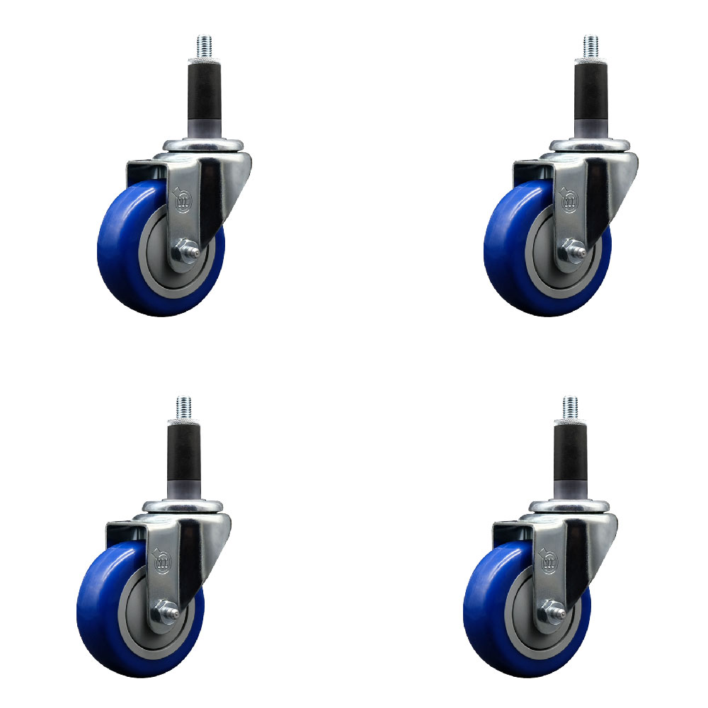 Stainless Steel Polyurethane Swivel Expanding Stem Caster Set of 4 with 3.5 Inch Blue Wheels and 1-1/8" Stems - Includes 4 Swivel - 300 lbs. Capacity Per Caster - Service Caster Brand — photo 1