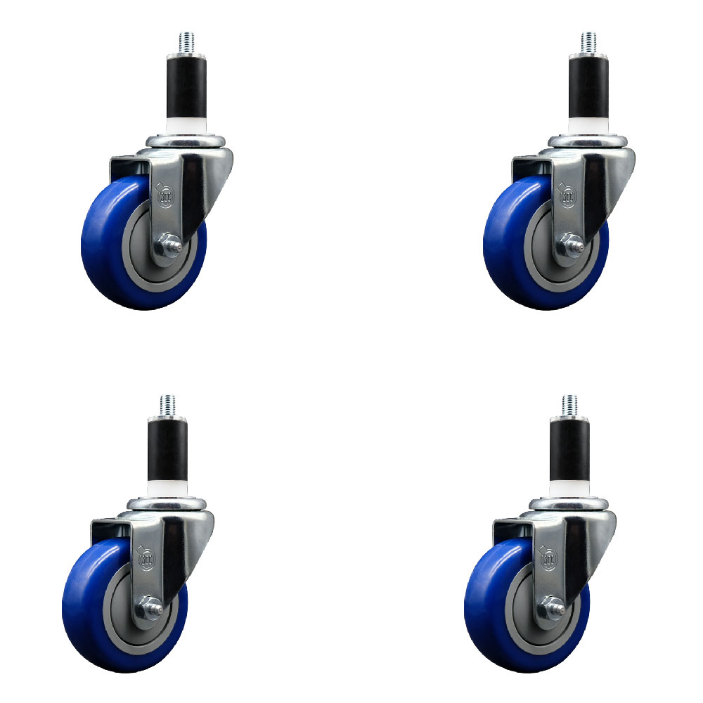 Polyurethane Swivel Expanding Stem Caster Set of 4 with 3.5 Inch Blue Wheels and 1-3/8" Stems - 300 lbs. Capacity Per Caster - Service Caster Brand — photo 1