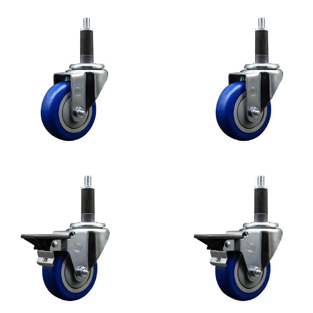 Polyurethane Swivel Expanding Stem Caster Set of 4 with 3.5 Inch Blue Wheels and 1" Stems - Includes 2 with Posi Locking Brakes - 1200 lbs Total Capacity - Service Caster Brand — photo 1