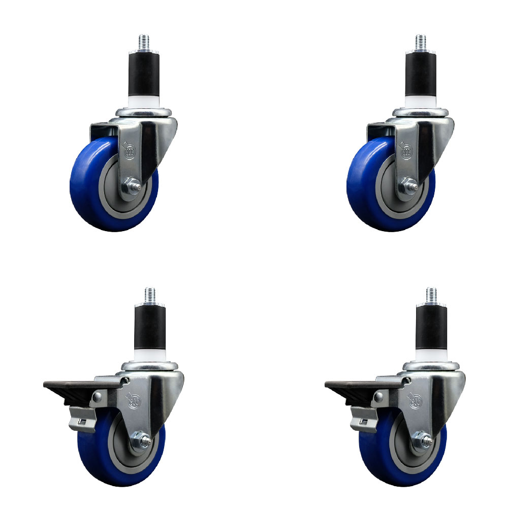 Polyurethane Swivel Expanding Stem Caster Set of 4 with 3.5 Inch Blue Wheels and 1-1/2" Stems - Includes 2 with Posi Locking Brakes - 1200 lbs Total Capacity - Service Caster Brand — photo 1