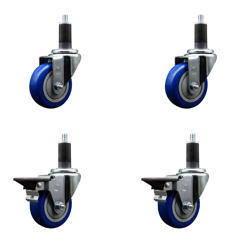 Polyurethane Swivel Expanding Stem Caster Set of 4 with 3.5 Inch Blue Wheels and 1-1/4" Stems - Includes 2 with Posi Locking Brakes - 1200 lbs Total Capacity - Service Caster Brand — photo 1
