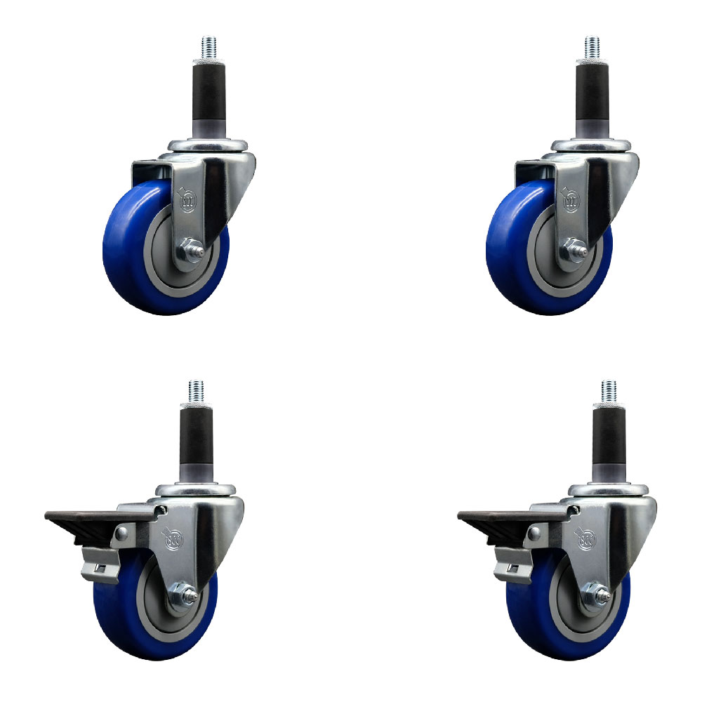 Polyurethane Swivel Expanding Stem Caster Set of 4 with 3.5 Inch Blue Wheels and 1-1/8" Stems - Includes 2 with Posi Locking Brakes - 1200 lbs Total Capacity - Service Caster Brand — photo 1