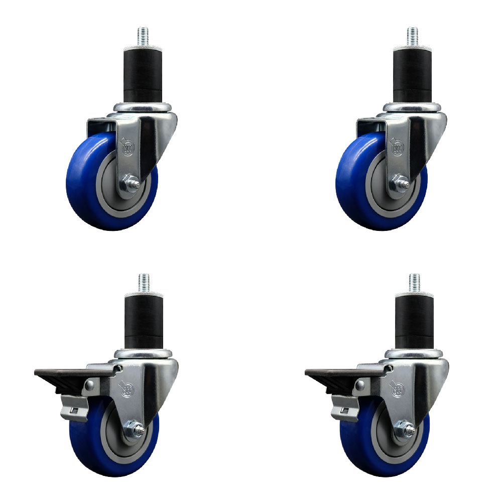 Polyurethane Swivel Expanding Stem Caster Set of 4 with 3.5 Inch Blue Wheels and 1-3/4" Stems - Includes 2 with Posi Locking Brakes - 1200 lbs Total Capacity - Service Caster Brand — photo 1