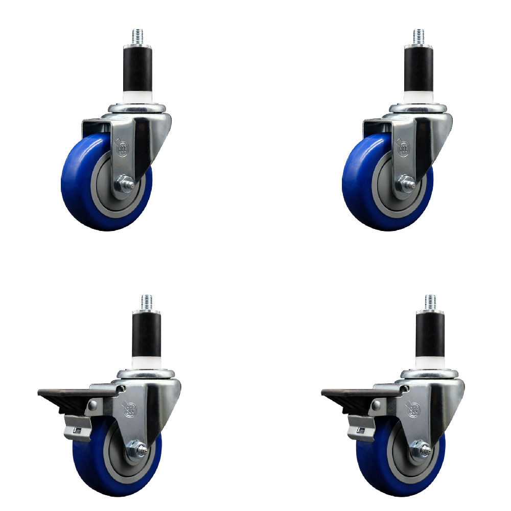 Polyurethane Swivel Expanding Stem Caster Set of 4 with 3.5 Inch Blue Wheels and 1-3/8" Stems - Includes 2 with Posi Locking Brakes - 1200 lbs Total Capacity - Service Caster Brand — photo 1