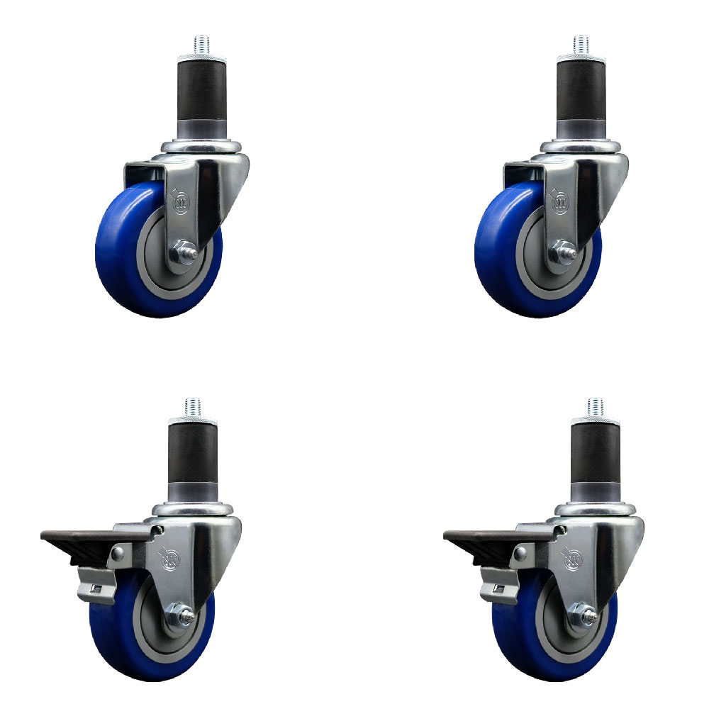 Polyurethane Swivel Expanding Stem Caster Set of 4 with 3.5 Inch Blue Wheels and 1-5/8" Stems - Includes 2 with Posi Locking Brakes - 1200 lbs Total Capacity - Service Caster Brand — photo 1