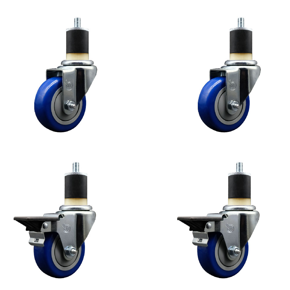 Polyurethane Swivel Expanding Stem Caster Set of 4 with 3.5 Inch Blue Wheels and 1-7/8" Stems - Includes 2 with Posi Locking Brakes - 1200 lbs Total Capacity - Service Caster Brand — photo 1