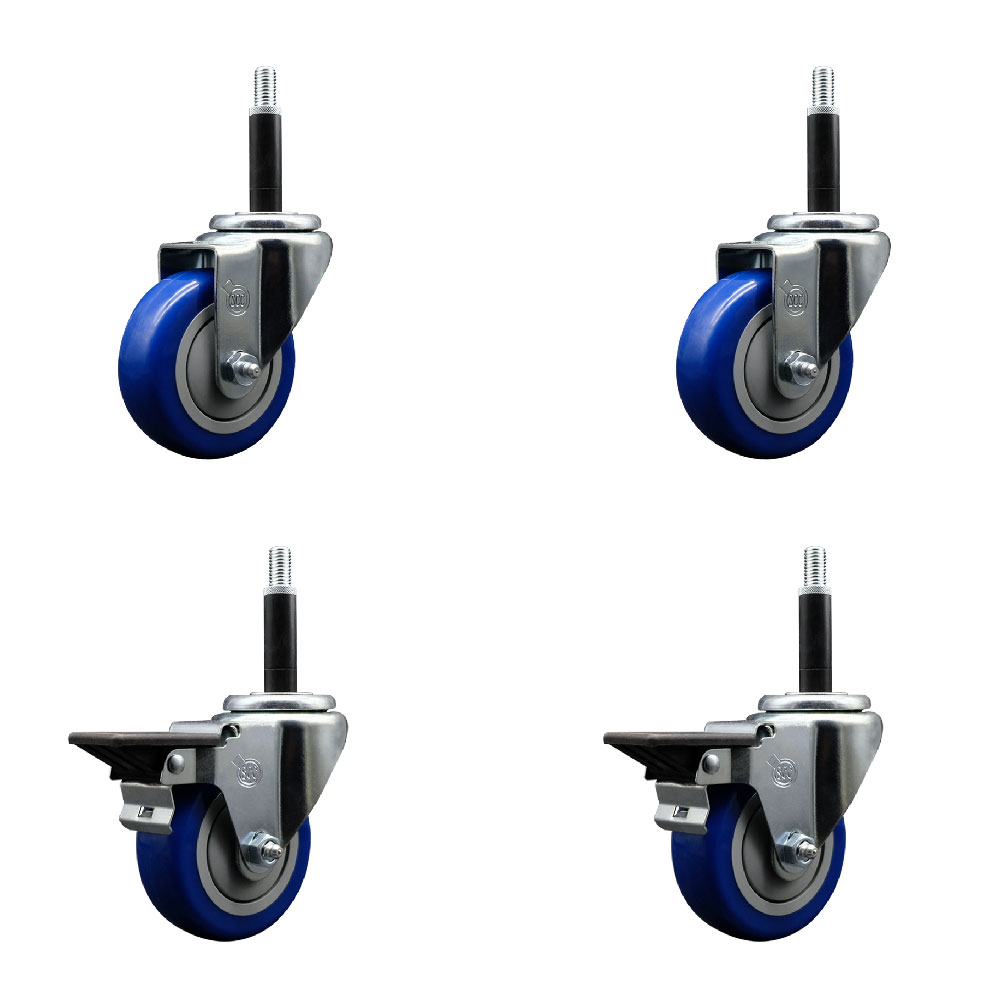 Polyurethane Swivel Expanding Stem Caster Set of 4 with 3.5 Inch Blue Wheels and 3/4" Stems - Includes 2 with Posi Locking Brakes - 1200 lbs Total Capacity - Service Caster Brand — photo 1