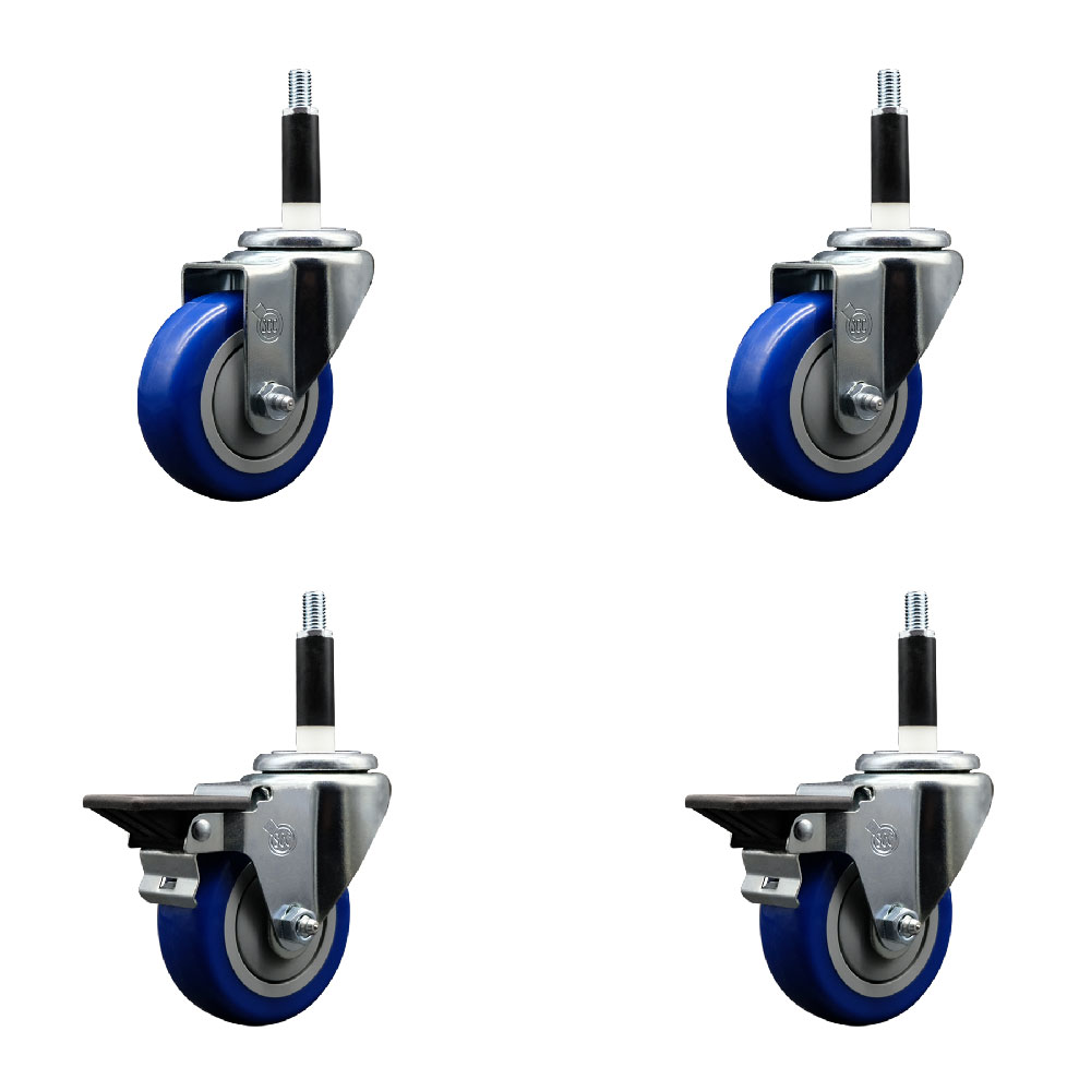 Polyurethane Swivel Expanding Stem Caster Set of 4 with 3.5 Inch Blue Wheels and 7/8" Stems - Includes 2 with Posi Locking Brakes - 1200 lbs Total Capacity - Service Caster Brand — photo 1