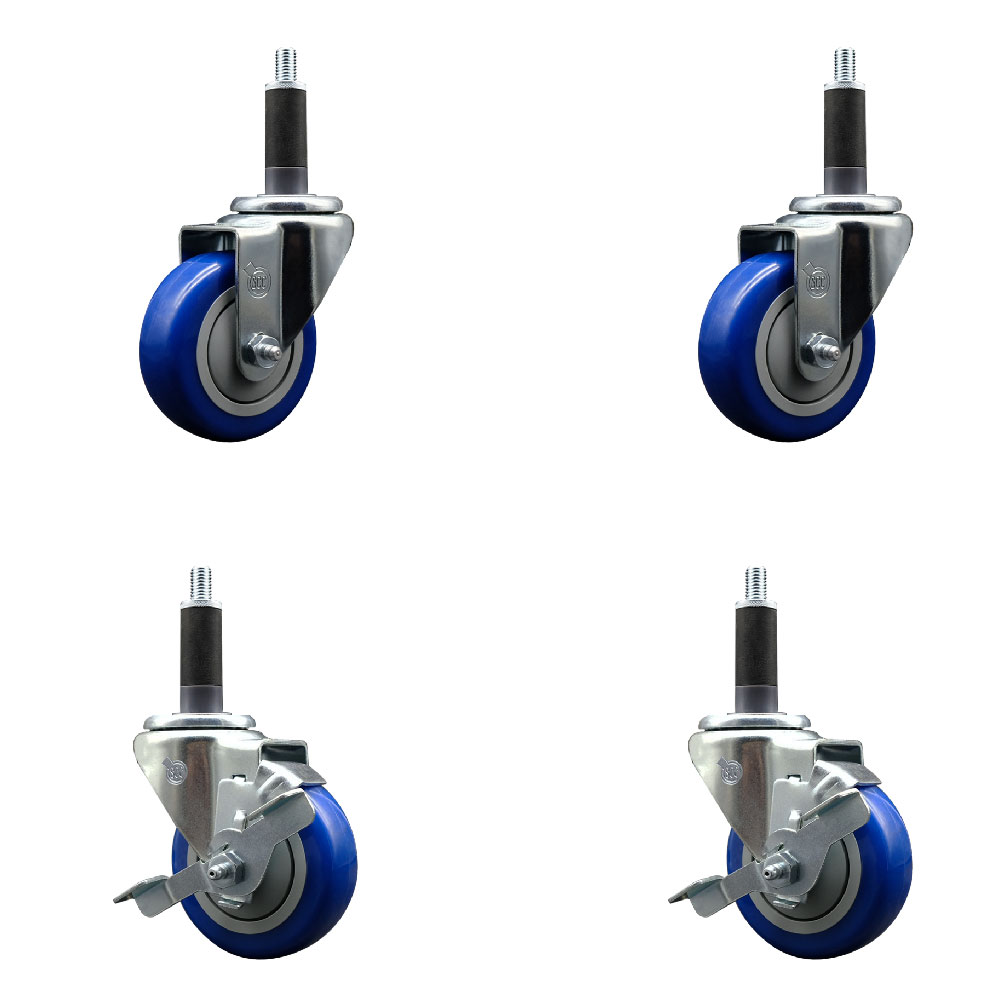 Stainless Steel Polyurethane Swivel Expanding Stem Caster Set of 4 with 3.5 Inch Blue Wheels and 1" Stems - Includes 2 with Top Locking Brakes - 1200 lbs Total Capacity - Service Caster Brand — photo 1